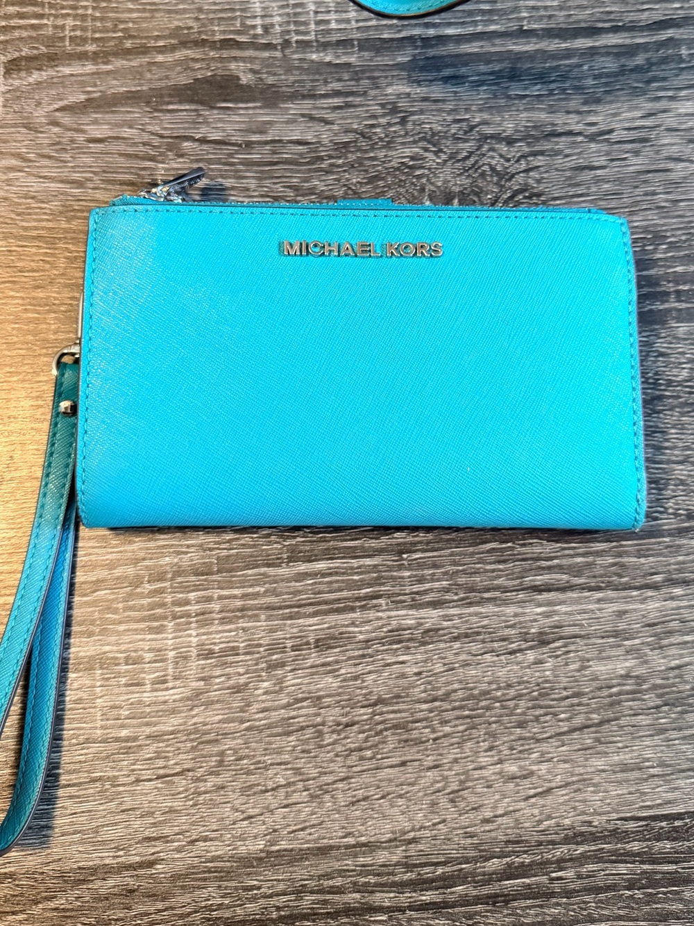 Michael Kors Tile Blue Zip Wristlet with Gold Logo